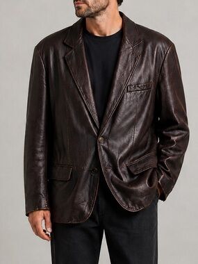 Zara Man Genuine Leather Blazer Jacket Dark Brown XL Distressed